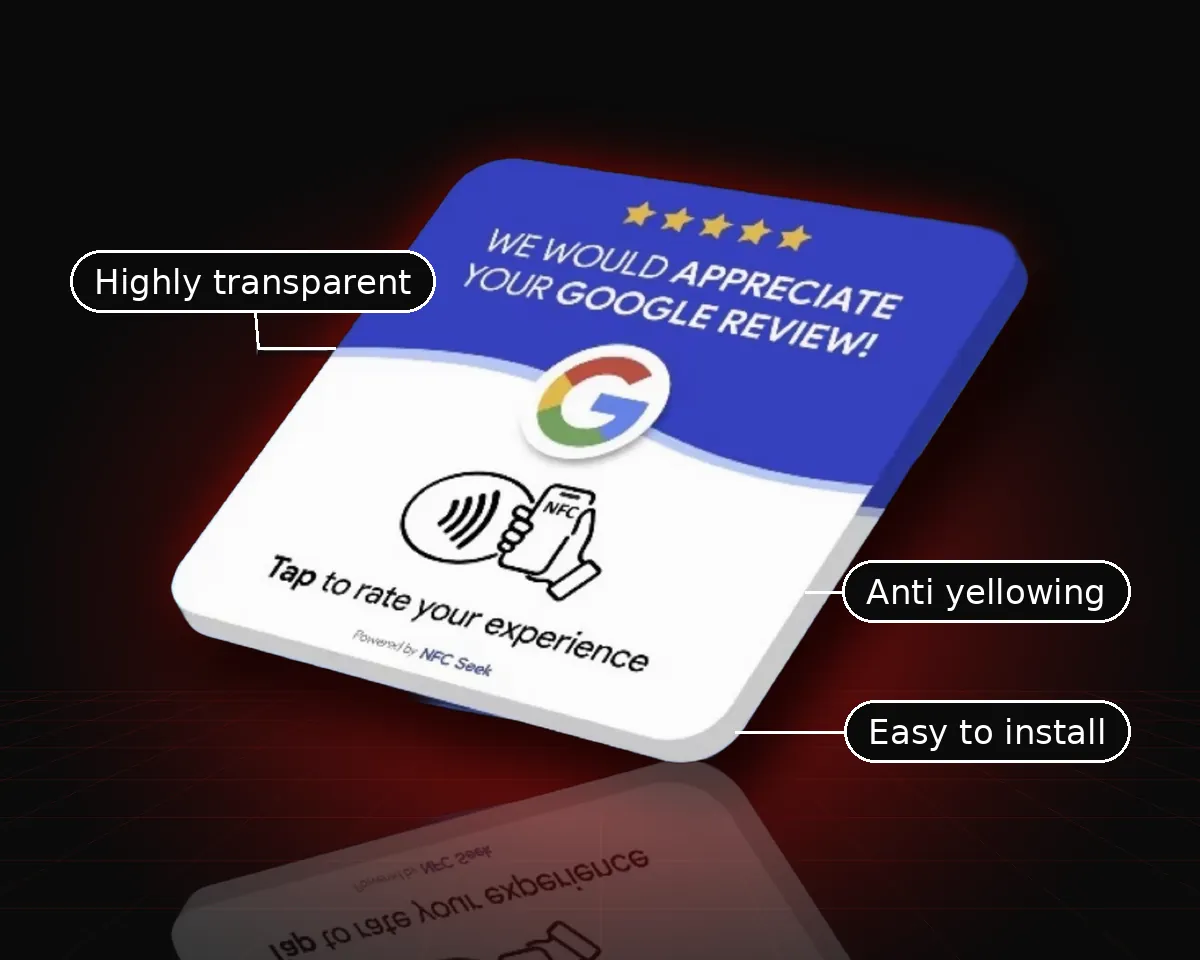 NFC review card with callouts: highly transparent, anti yellowing, easy to install