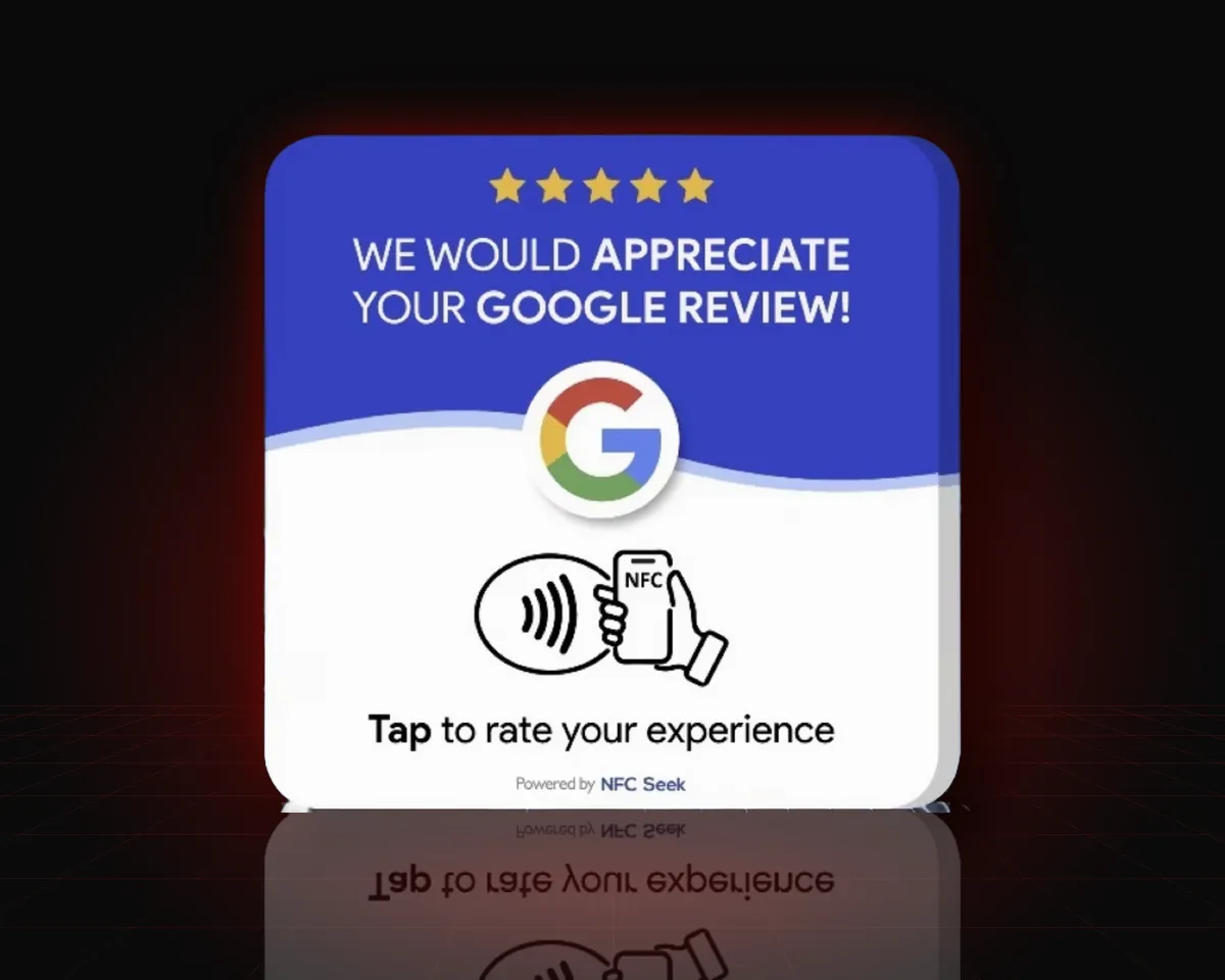 Front of the NFC Google review card on a red and black background